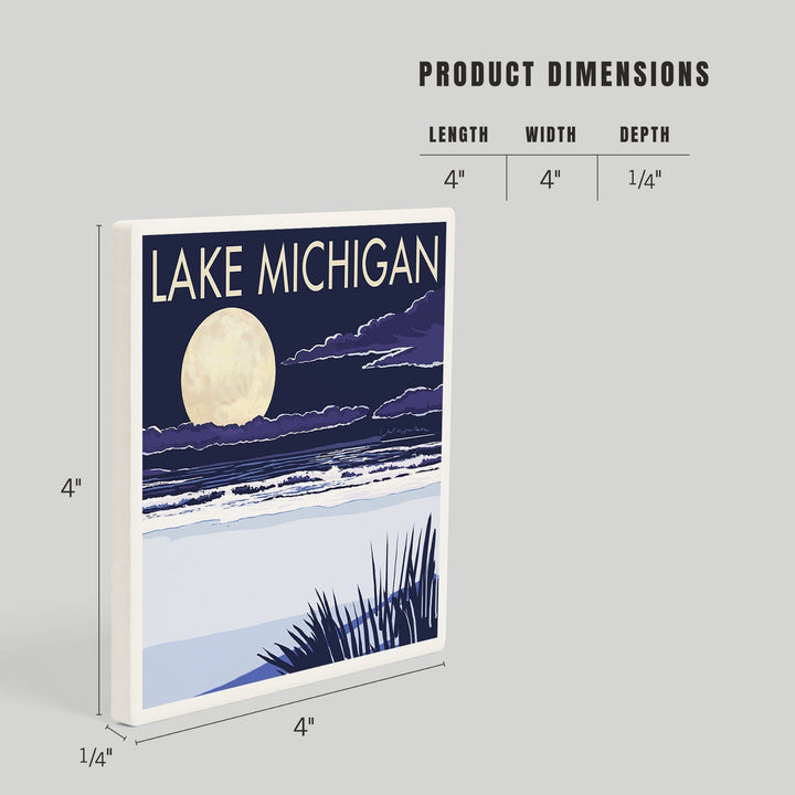 Lake Michigan, Full Moon Night Scene, Coasters Coasters Lantern Press 