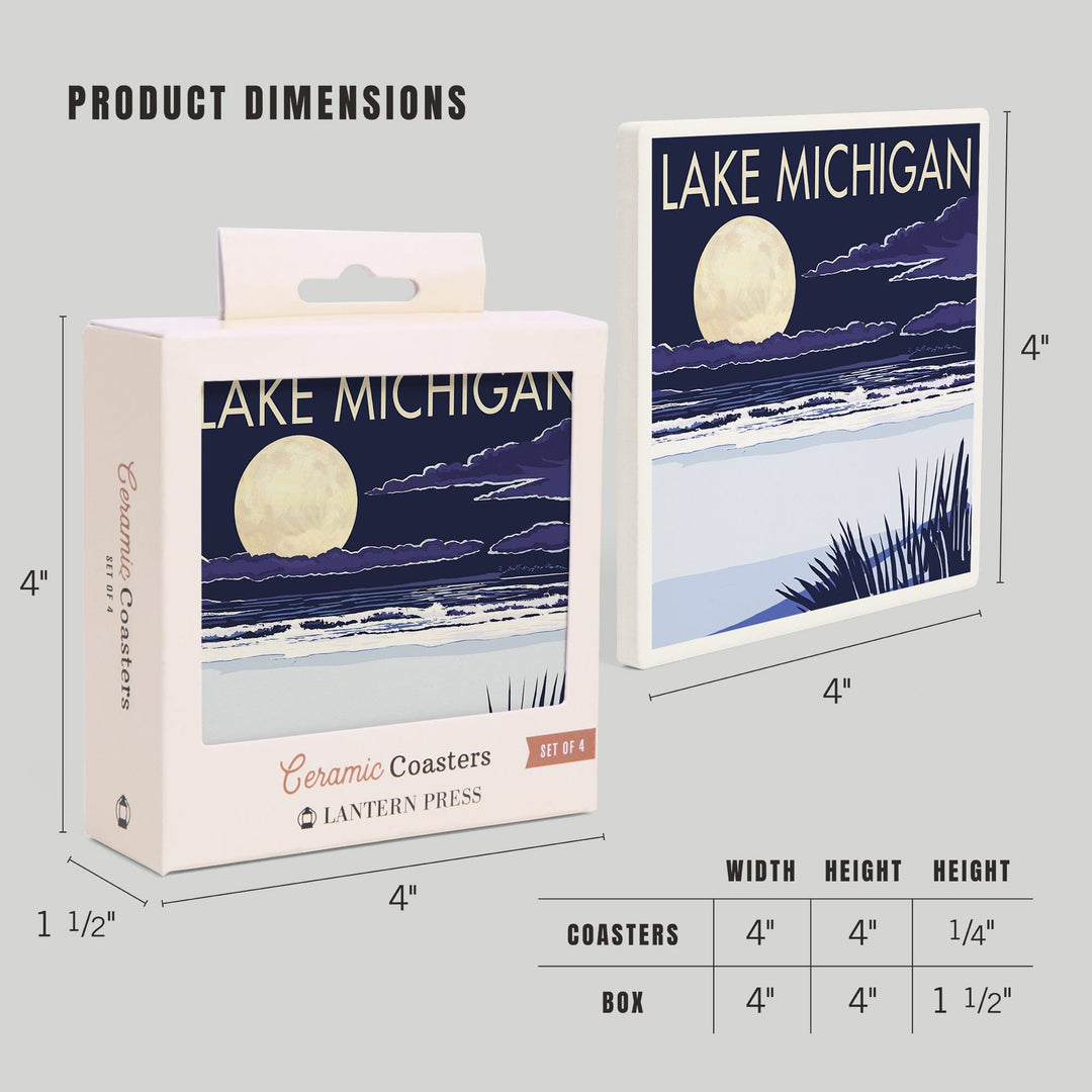 Lake Michigan, Full Moon Night Scene, Lantern Press Artwork, Coaster Set - Lantern Press