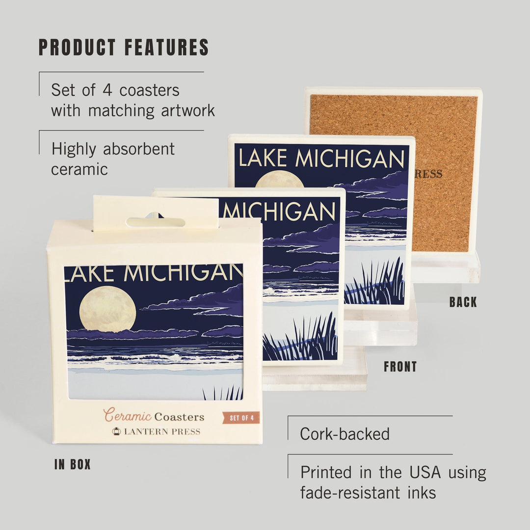 Lake Michigan, Full Moon Night Scene, Lantern Press Artwork, Coaster Set - Lantern Press