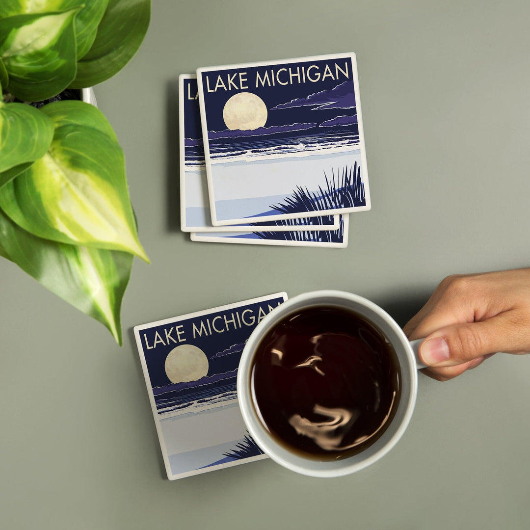 Lake Michigan, Full Moon Night Scene, Lantern Press Artwork, Coaster Set - Lantern Press