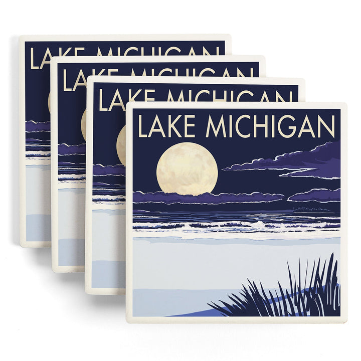 Lake Michigan, Full Moon Night Scene, Lantern Press Artwork, Coaster Set - Lantern Press