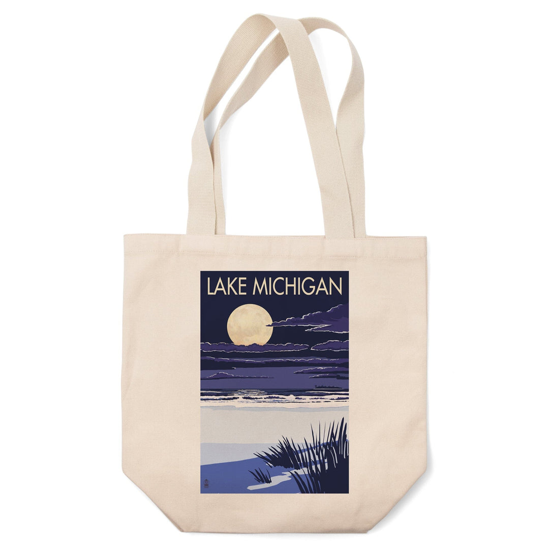 Lake Michigan, Full Moon Night Scene, Lantern Press Artwork, Tote Bag Totes Lantern Press 