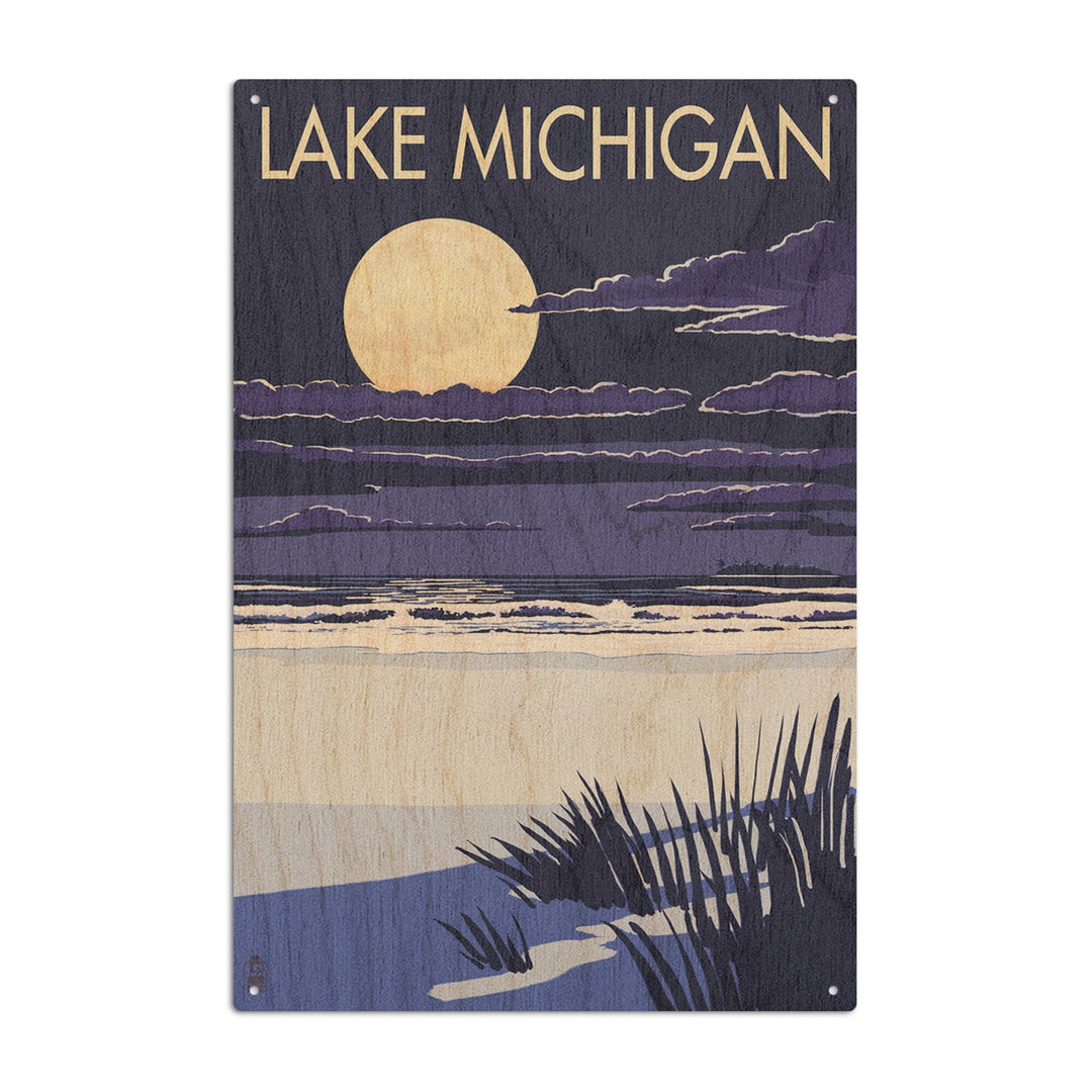 Lake Michigan, Full Moon Night Scene, Lantern Press Artwork, Wood Signs and Postcards Wood Lantern Press 10 x 15 Wood Sign 