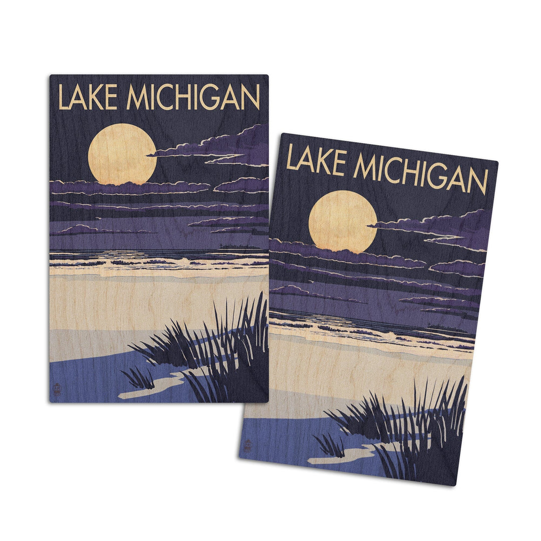 Lake Michigan, Full Moon Night Scene, Lantern Press Artwork, Wood Signs and Postcards Wood Lantern Press 4x6 Wood Postcard Set 