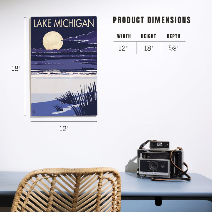 Lake Michigan, Full Moon Night Scene, Lantern Press Artwork, Wood Signs and Postcards Wood Lantern Press 