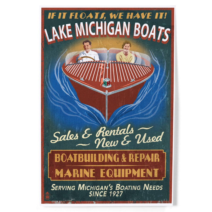 Lake Michigan, Michigan, Boat Shop Vintage Sign, Art & Giclee Prints Art Lantern Press 