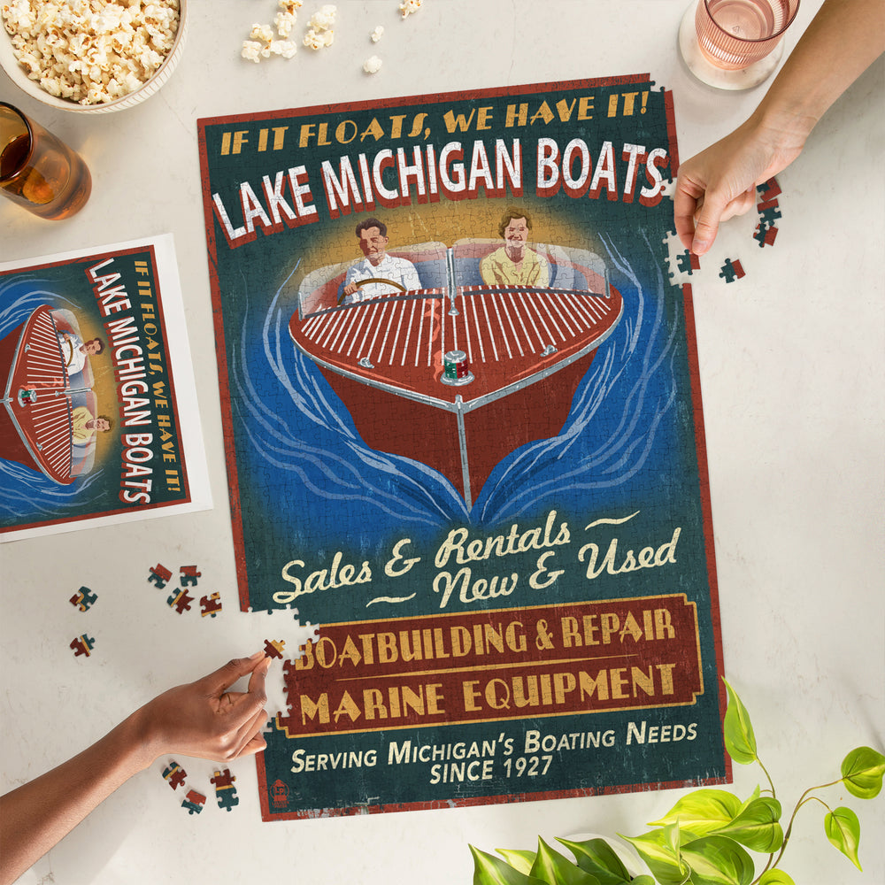 Lake Michigan, Michigan, Boat Shop Vintage Sign, Jigsaw Puzzle Puzzle Lantern Press 