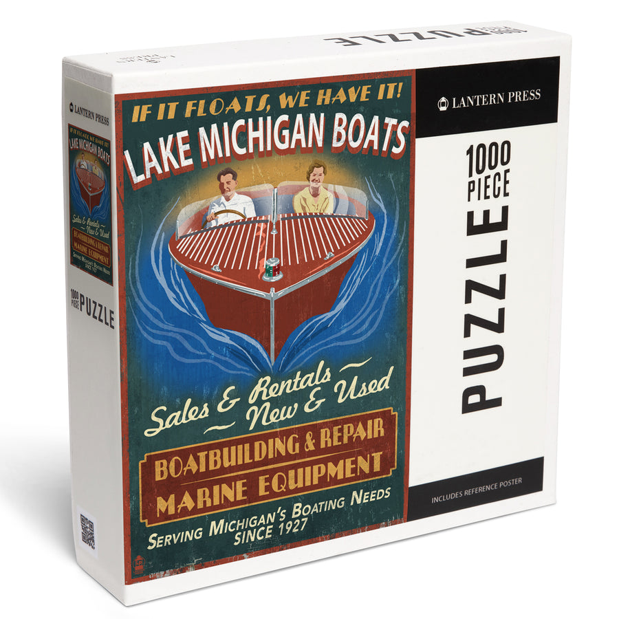 Lake Michigan, Michigan, Boat Shop Vintage Sign, Jigsaw Puzzle Puzzle Lantern Press 