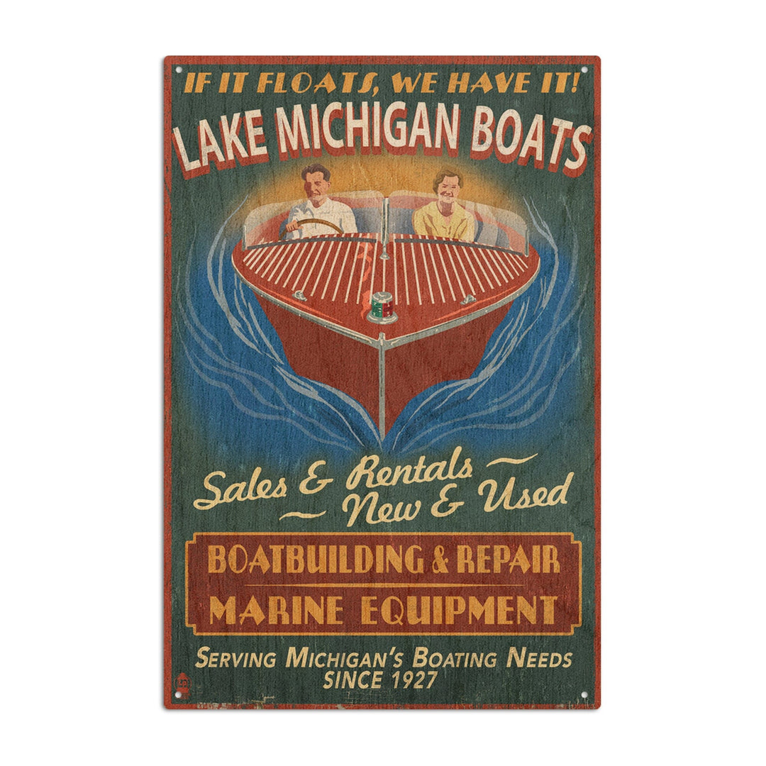 Lake Michigan, Michigan, Boat Shop Vintage Sign, Lantern Press Artwork, Wood Signs and Postcards Wood Lantern Press 10 x 15 Wood Sign 