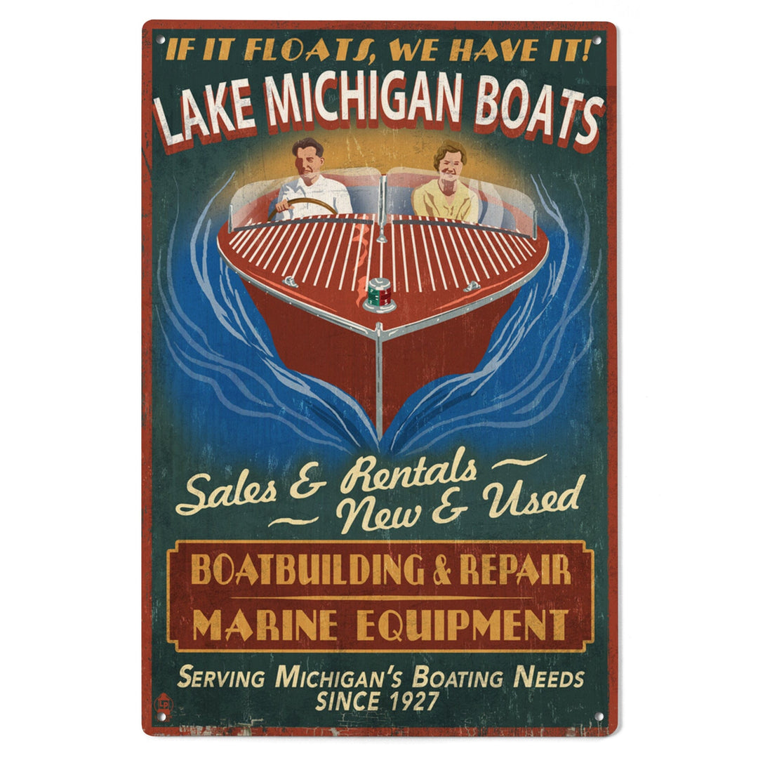 Lake Michigan, Michigan, Boat Shop Vintage Sign, Lantern Press Artwork, Wood Signs and Postcards Wood Lantern Press 