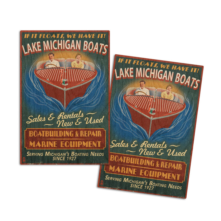 Lake Michigan, Michigan, Boat Shop Vintage Sign, Lantern Press Artwork, Wood Signs and Postcards Wood Lantern Press 4x6 Wood Postcard Set 