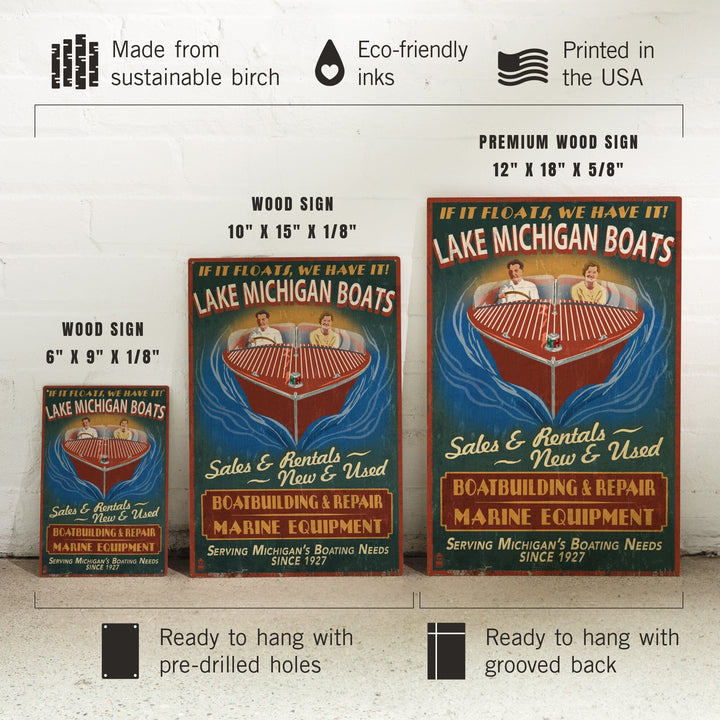 Lake Michigan, Michigan, Boat Shop Vintage Sign, Lantern Press Artwork, Wood Signs and Postcards Wood Lantern Press 