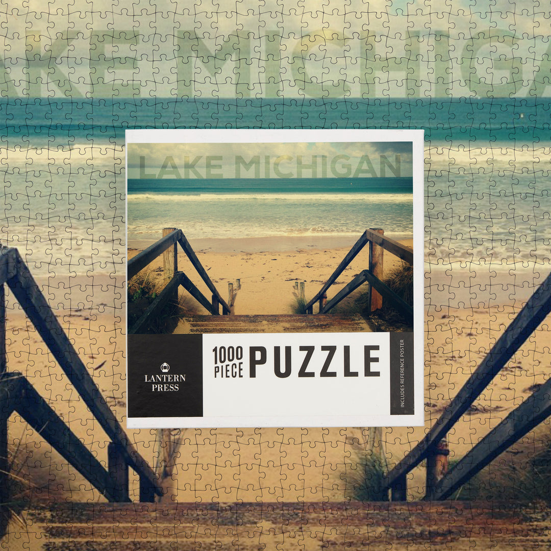 Lake Michigan, Sandy Stairs and Beach, Jigsaw Puzzle Puzzle Lantern Press 