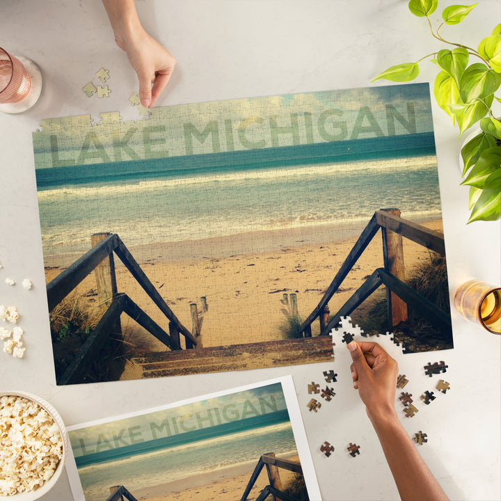 Lake Michigan, Sandy Stairs and Beach, Jigsaw Puzzle Puzzle Lantern Press 