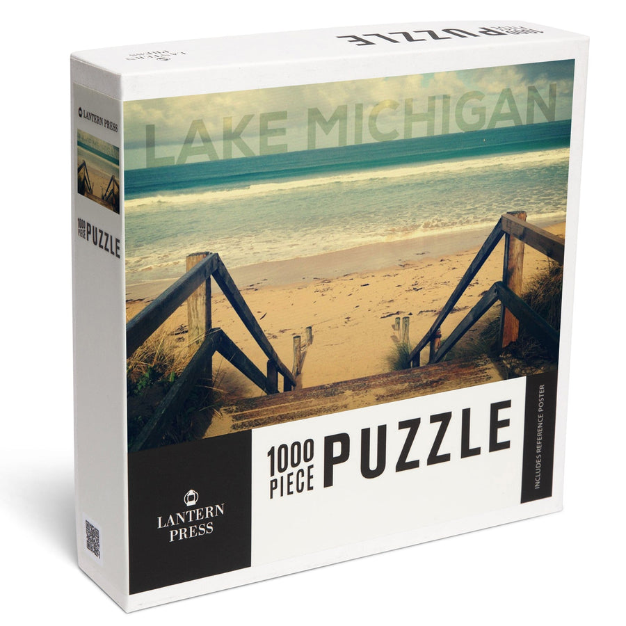Lake Michigan, Sandy Stairs and Beach, Jigsaw Puzzle Puzzle Lantern Press 