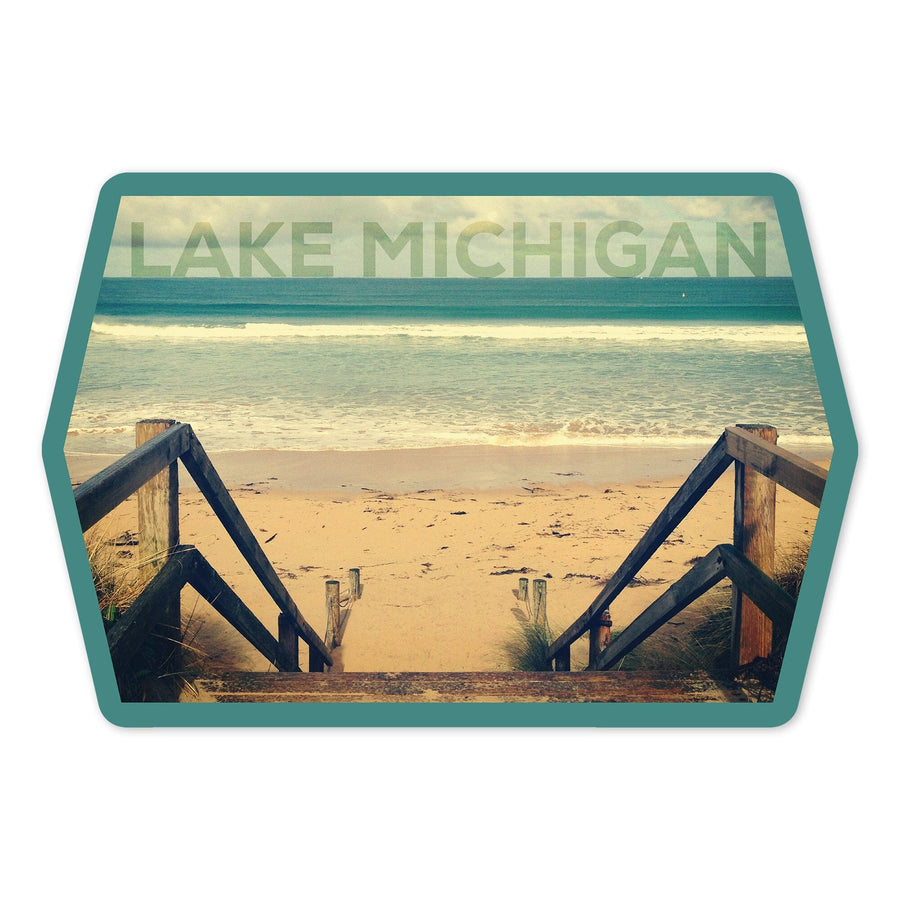 Lake Michigan, Sandy Stairs & Beach, Contour, Lantern Press Photography, Vinyl Sticker Sticker Lantern Press 