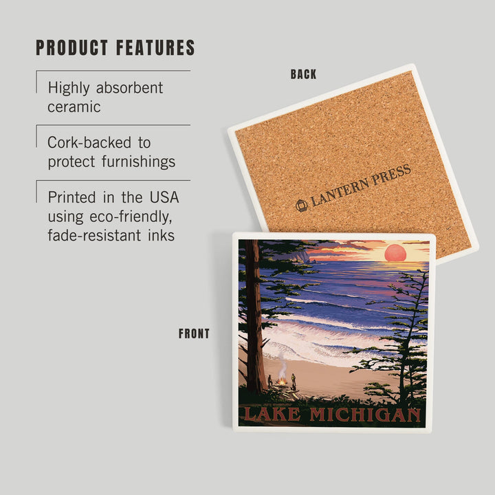 Lake Michigan, Sunset on Beach, Coasters Coasters Lantern Press 