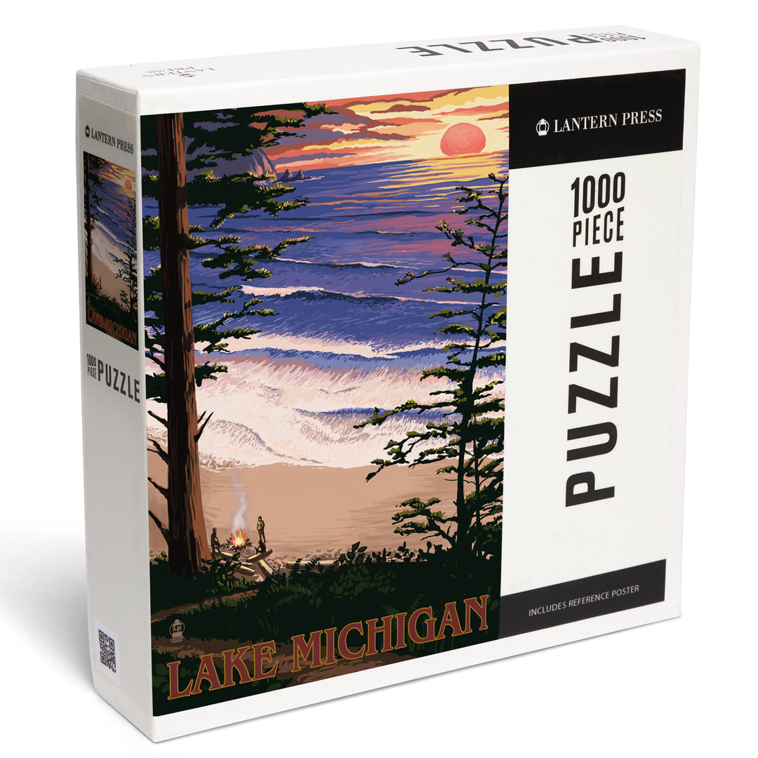 Lake Michigan, Sunset on Beach, Jigsaw Puzzle Puzzle Lantern Press 