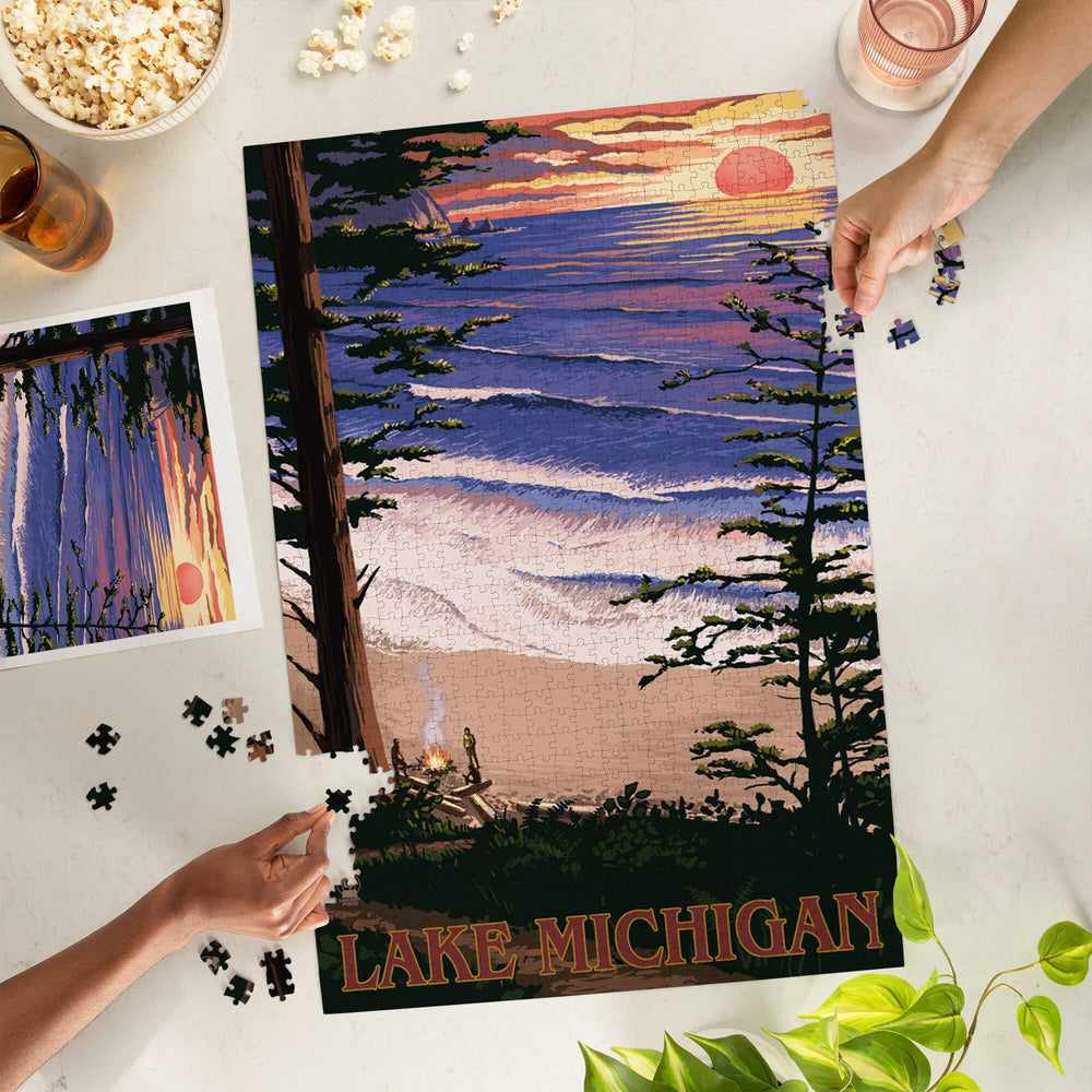 Lake Michigan, Sunset on Beach, Jigsaw Puzzle Puzzle Lantern Press 