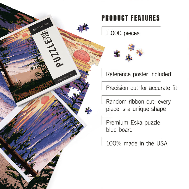 Lake Michigan, Sunset on Beach, Jigsaw Puzzle Puzzle Lantern Press 