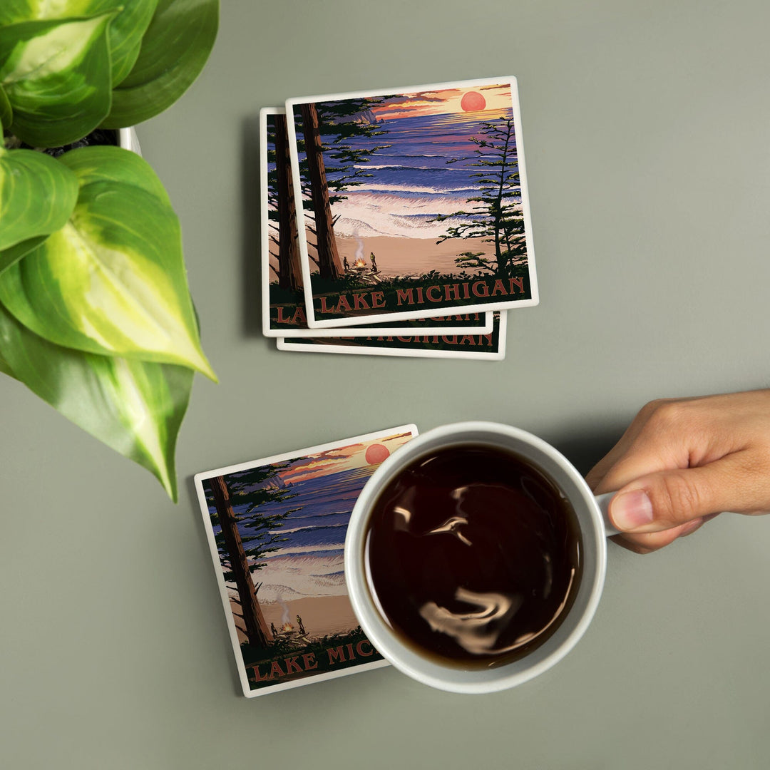 Lake Michigan, Sunset on Beach, Lantern Press Artwork, Coaster Set - Lantern Press