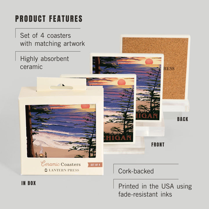 Lake Michigan, Sunset on Beach, Lantern Press Artwork, Coaster Set - Lantern Press