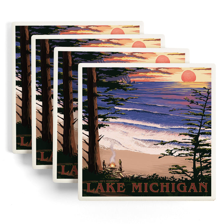 Lake Michigan, Sunset on Beach, Lantern Press Artwork, Coaster Set - Lantern Press