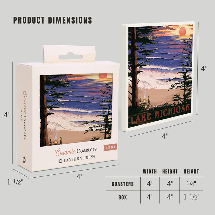 Lake Michigan, Sunset on Beach, Lantern Press Artwork, Coaster Set - Lantern Press