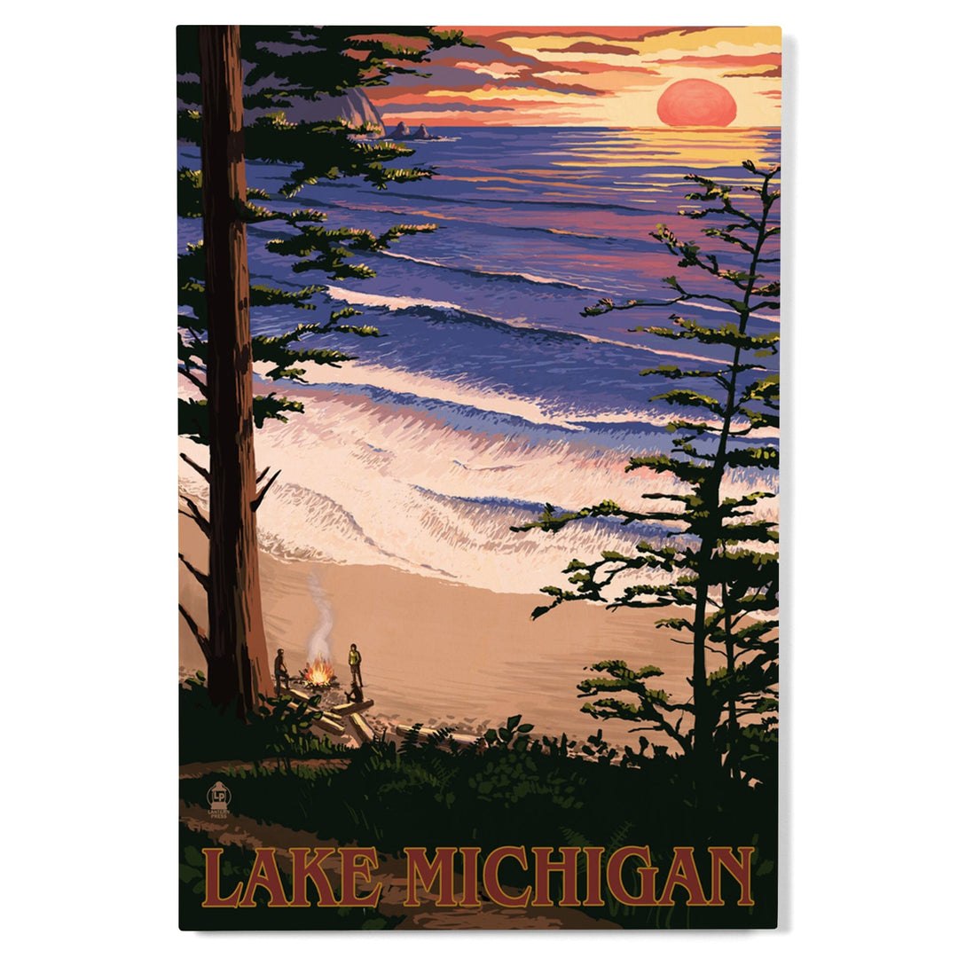 Lake Michigan, Sunset on Beach, Lantern Press Artwork, Wood Signs and Postcards Wood Lantern Press 