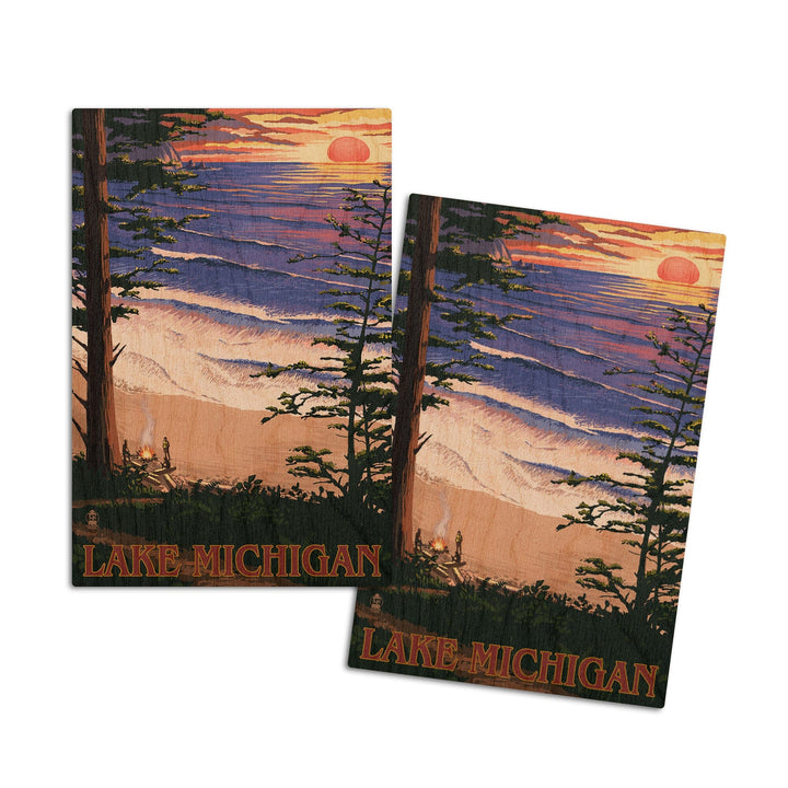 Lake Michigan, Sunset on Beach, Lantern Press Artwork, Wood Signs and Postcards Wood Lantern Press 4x6 Wood Postcard Set 