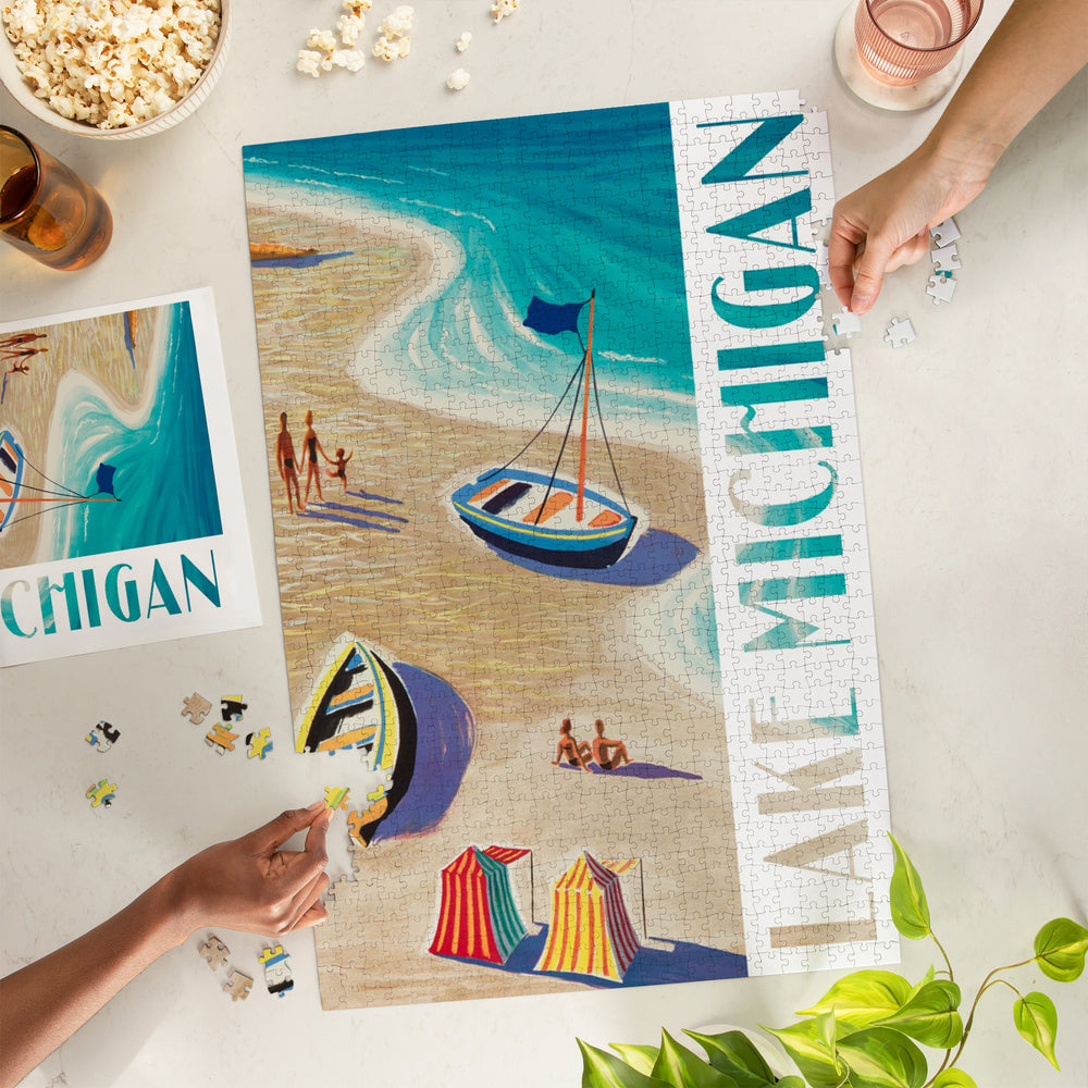 Lake Michigan, Vintage Beach Scene, Jigsaw Puzzle Puzzle Lantern Press 