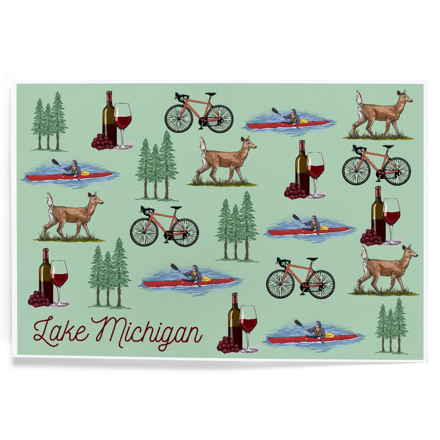 Lake Michigan, Wine, Bicycle, Deer, Kayak Pattern, Art & Giclee Prints Art Lantern Press 