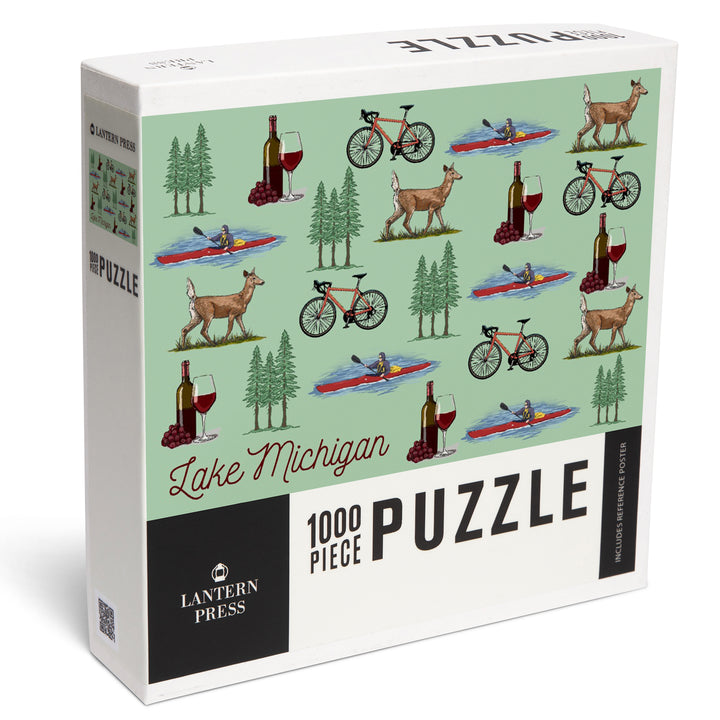 Lake Michigan, Wine, Bicycle, Deer, Kayak Pattern, Jigsaw Puzzle Puzzle Lantern Press 