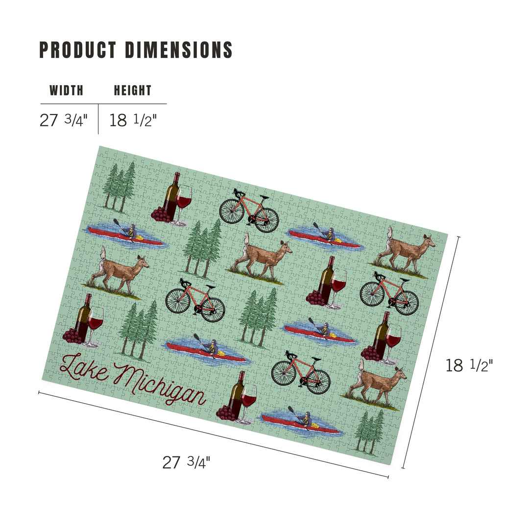 Lake Michigan, Wine, Bicycle, Deer, Kayak Pattern, Jigsaw Puzzle Puzzle Lantern Press 