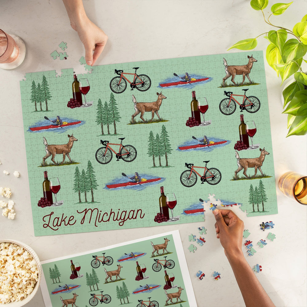 Lake Michigan, Wine, Bicycle, Deer, Kayak Pattern, Jigsaw Puzzle Puzzle Lantern Press 