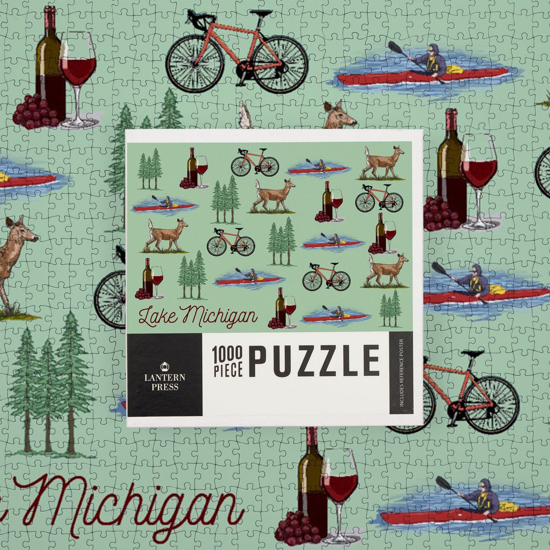 Lake Michigan, Wine, Bicycle, Deer, Kayak Pattern, Jigsaw Puzzle Puzzle Lantern Press 