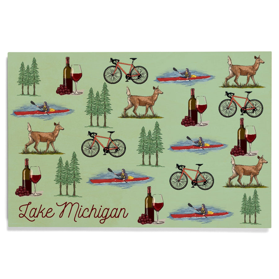 Lake Michigan, Wine, Bicycle, Deer, Kayak Pattern, Lantern Press Artwork, Wood Signs and Postcards Wood Lantern Press 