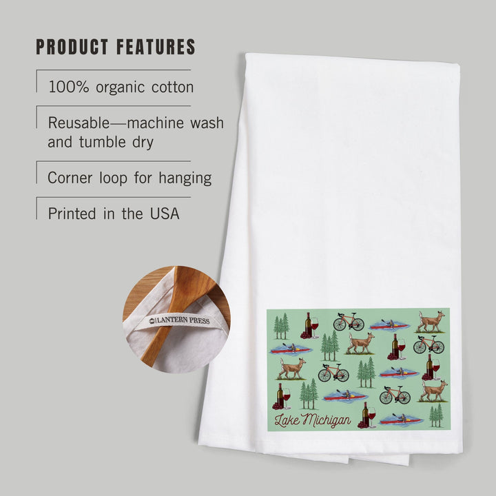 Lake Michigan, Wine, Bicycle, Deer, Kayak Pattern, Organic Cotton Kitchen Tea Towels Kitchen Lantern Press 