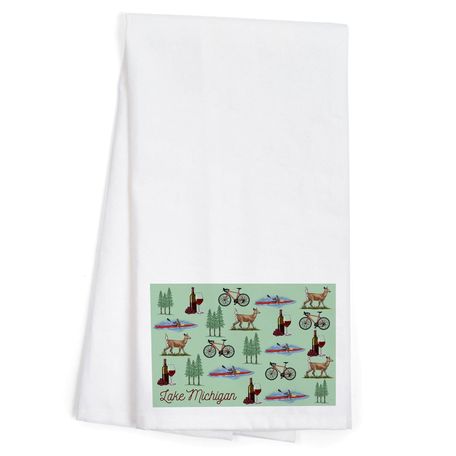 Lake Michigan, Wine, Bicycle, Deer, Kayak Pattern, Organic Cotton Kitchen Tea Towels Kitchen Lantern Press 