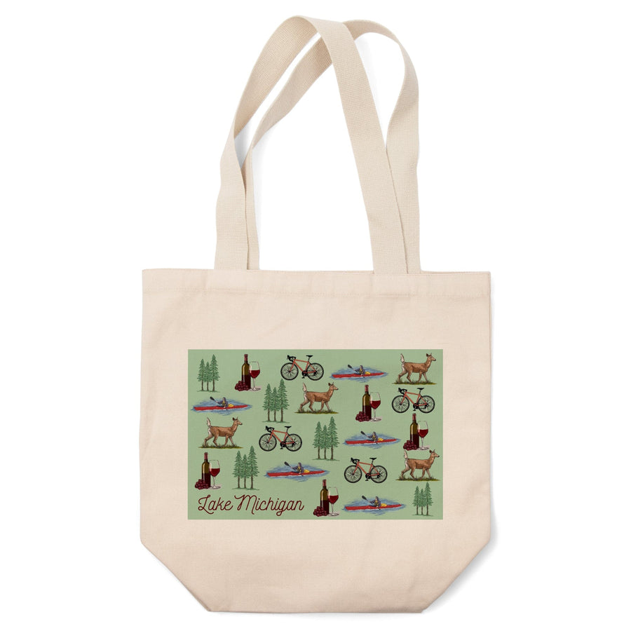 Lake Michigan, Wine, Bicycle, Deer, Kayak Pattern, Tote Bag Totes Lantern Press 