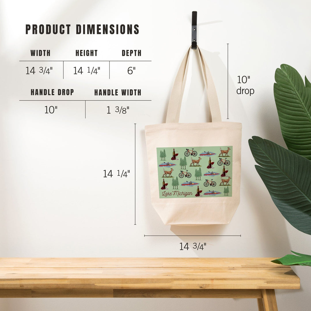 Lake Michigan, Wine, Bicycle, Deer, Kayak Pattern, Tote Bag Totes Lantern Press 