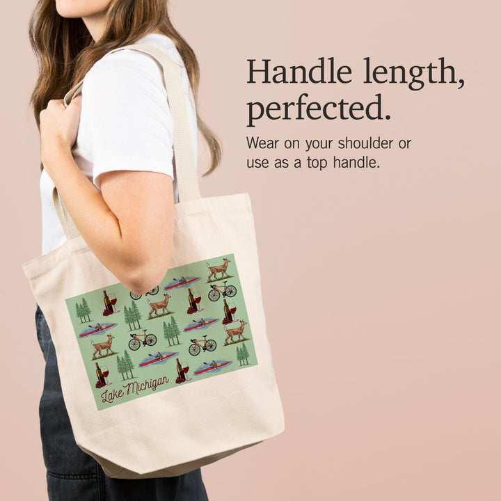 Lake Michigan, Wine, Bicycle, Deer, Kayak Pattern, Tote Bag Totes Lantern Press 