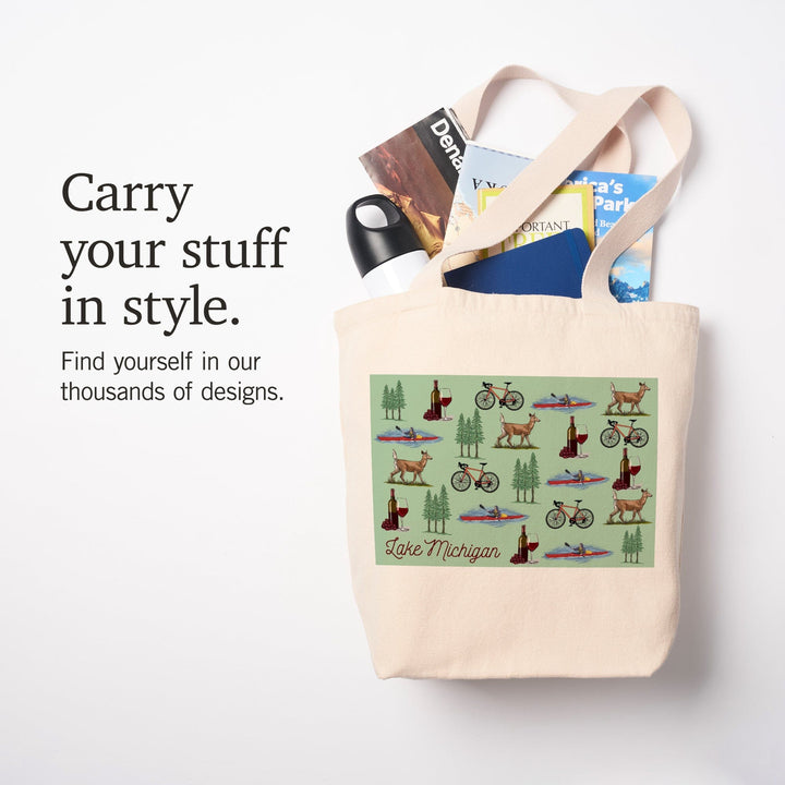 Lake Michigan, Wine, Bicycle, Deer, Kayak Pattern, Tote Bag Totes Lantern Press 