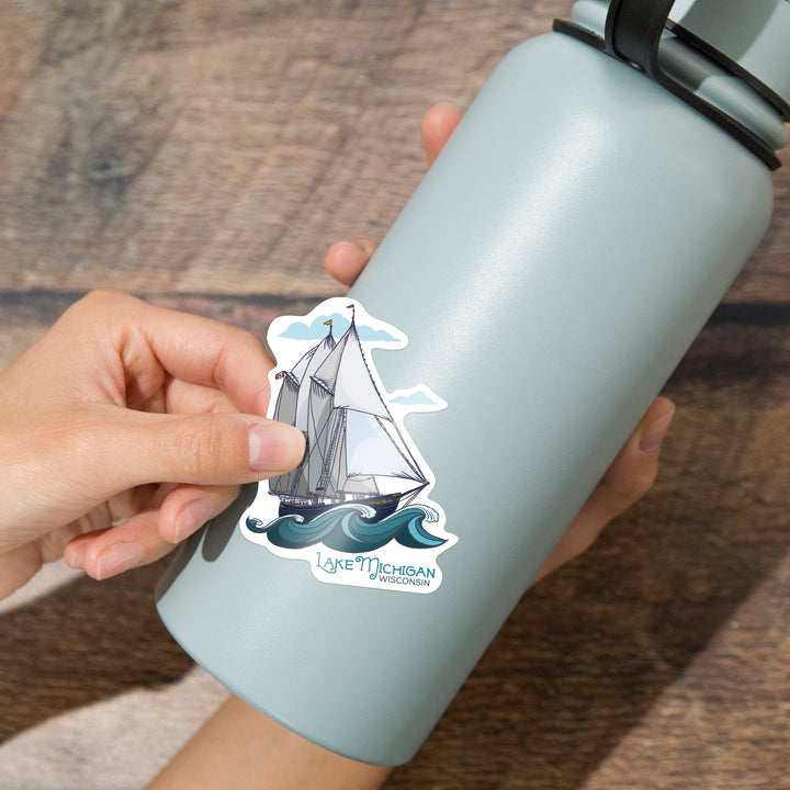 Lake Michigan, Wisconsin, Schooner, Sailboat, Contour, Lantern Press Artwork, Vinyl Sticker - Lantern Press