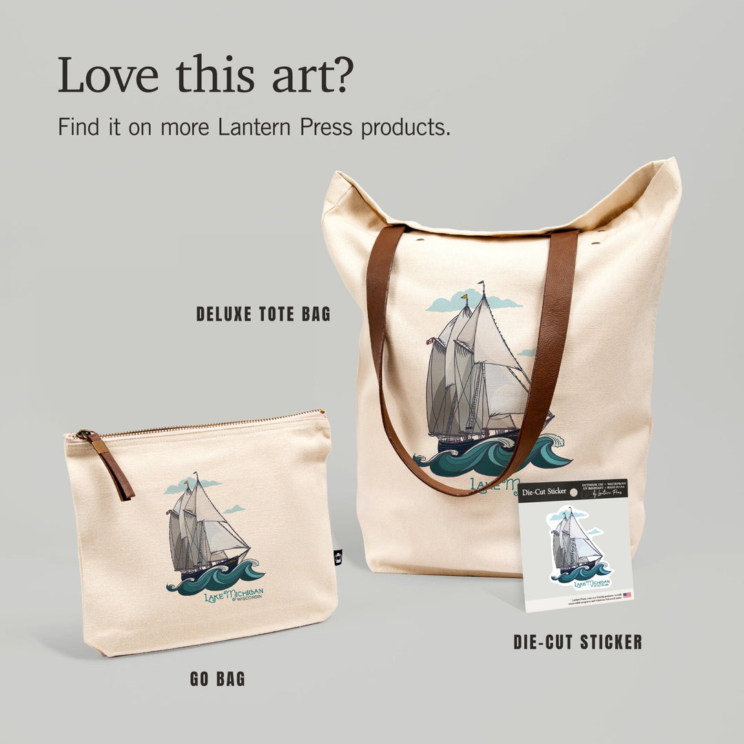 Lake Michigan, Wisconsin, Schooner, Sailboat, Contour, Lantern Press Artwork, Vinyl Sticker - Lantern Press