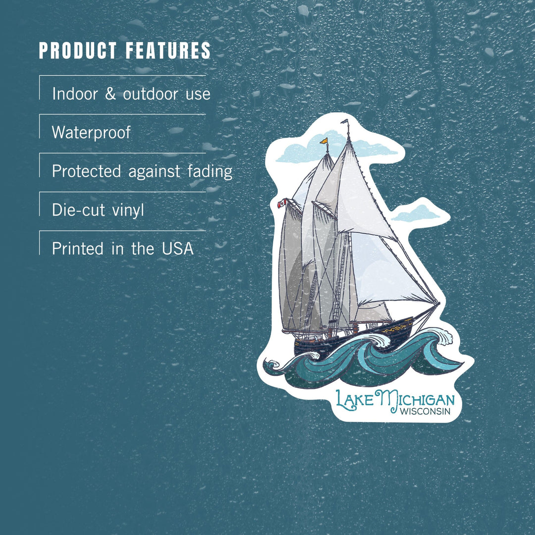 Lake Michigan, Wisconsin, Schooner, Sailboat, Contour, Lantern Press Artwork, Vinyl Sticker - Lantern Press