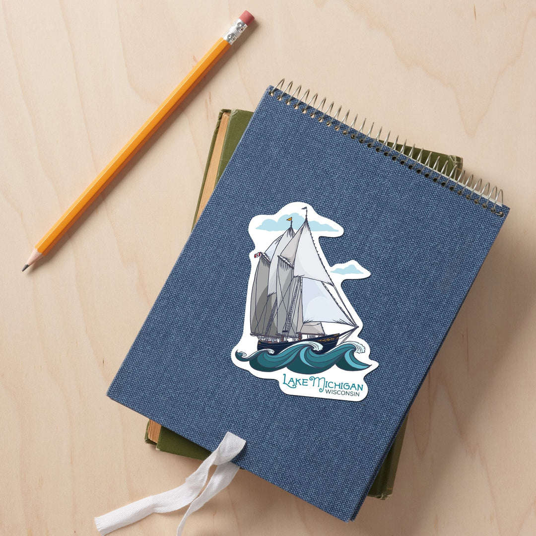 Lake Michigan, Wisconsin, Schooner, Sailboat, Contour, Lantern Press Artwork, Vinyl Sticker - Lantern Press