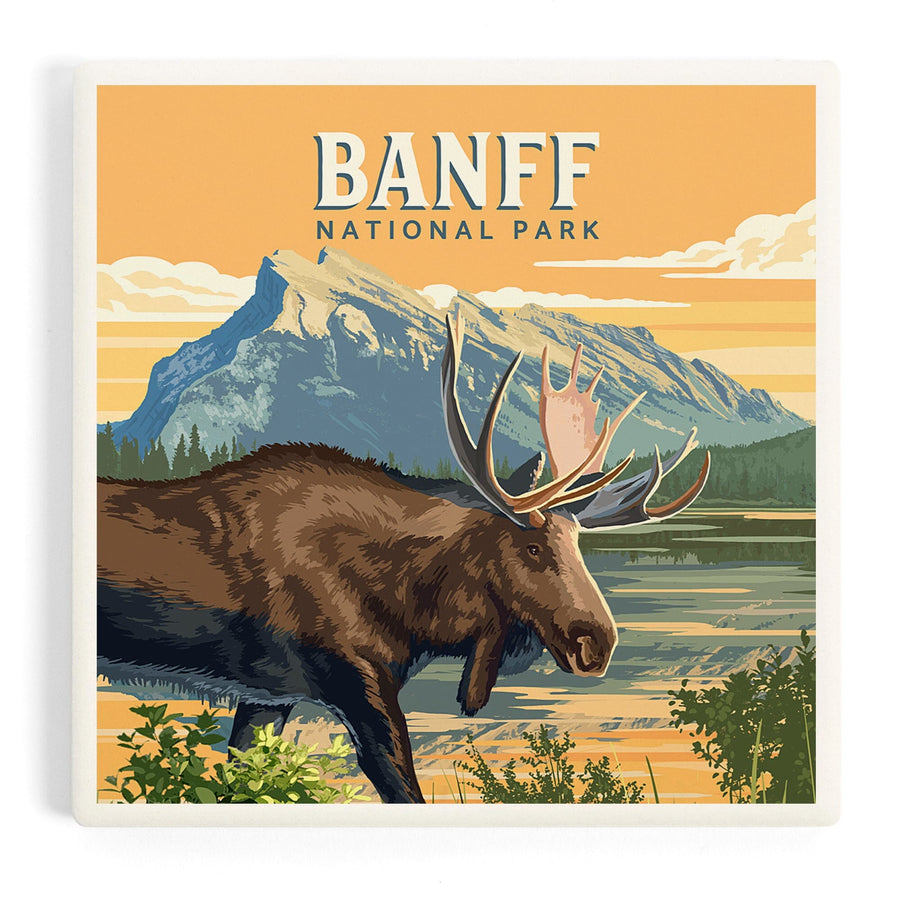 Lake Minnewanka, Canada, Banff National Park, Moose, Painterly, Coasters Coasters Lantern Press 