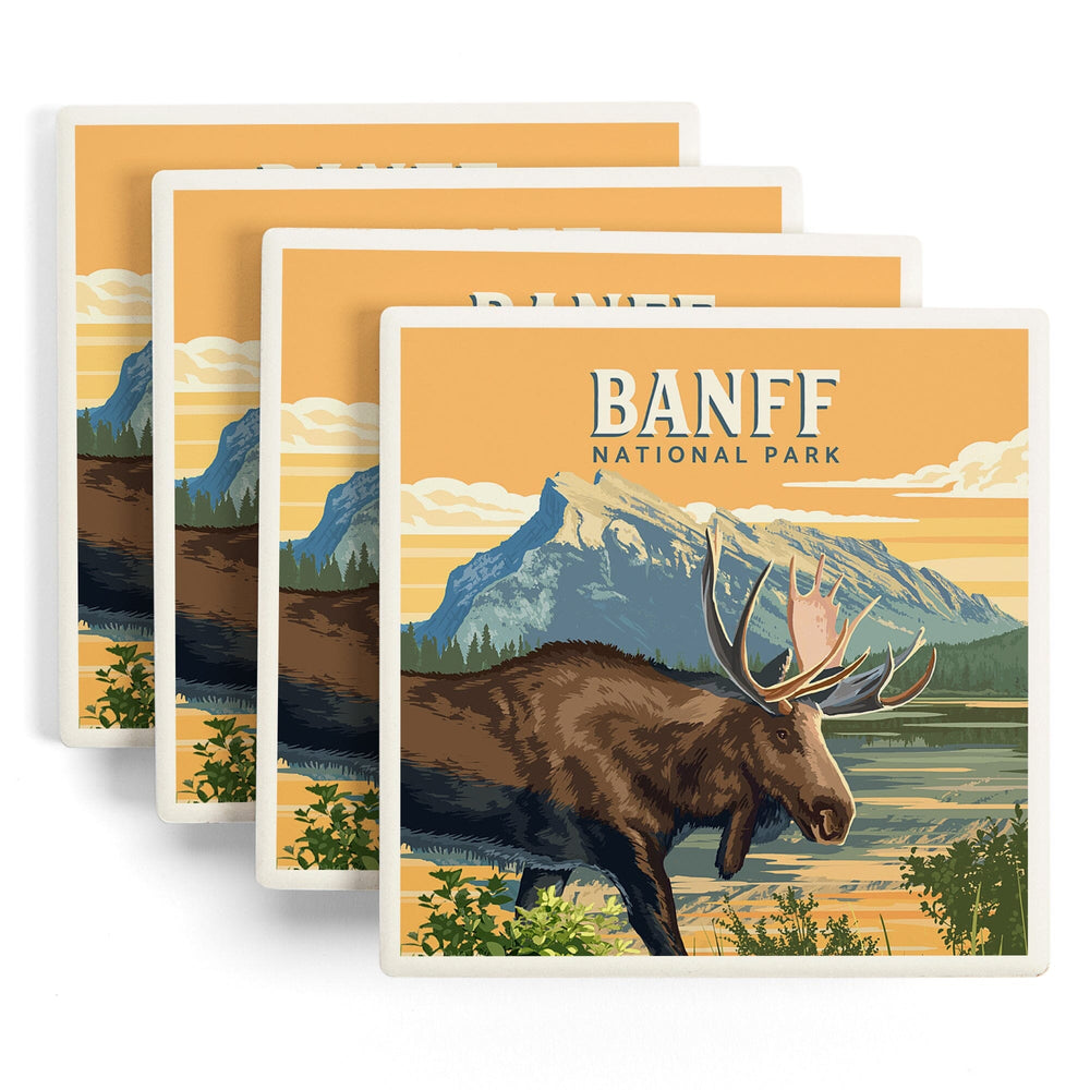 Lake Minnewanka, Canada, Banff National Park, Moose, Painterly, Coasters Coasters Lantern Press 