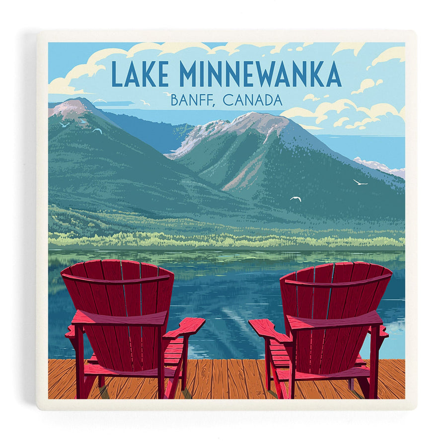 Lake Minnewanka with Adirondack Chairs, Banff Canada, Painterly, Coasters Coasters Lantern Press 